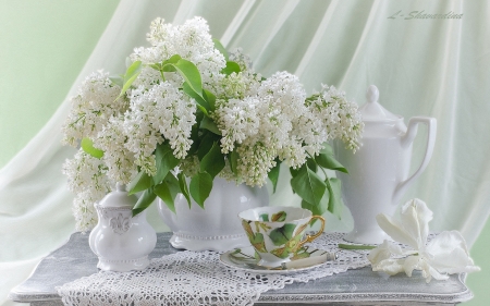 Still Life - flowers, vase, white, lilacs, cup