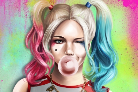 Face of Harley Quinn - Suicide Squad, tails, of Harley of Quinn, look, chewing gum, face, art