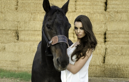 Cowgirl and Her Horse - cowgirl, hay, brunette, horse, bales