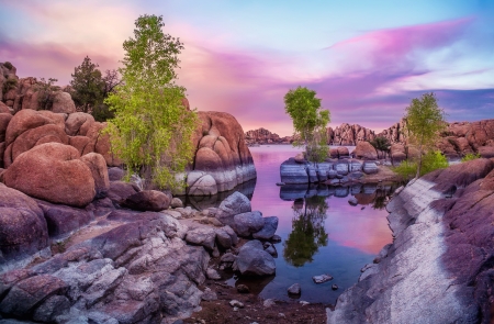 Trees In Stones By The River - shapes, lake, sky, trees, sunset, rocks, serenity, reflection, beautiful, river, stones, colors