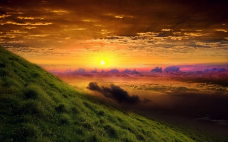 Amazing Yellow Sky - nature, sky, slope, mountain, yellow, clouds, sunset