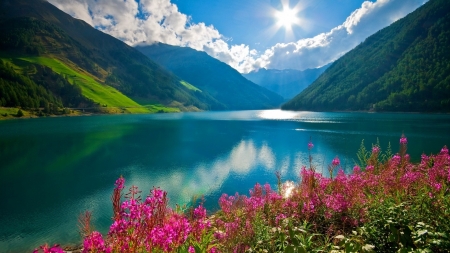 Amazon Landscape - lake, spring, mountains, sun, sky