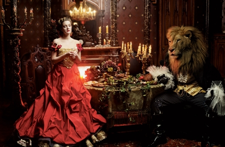 Beauty and the Beast - woman, model, table, lion, beast