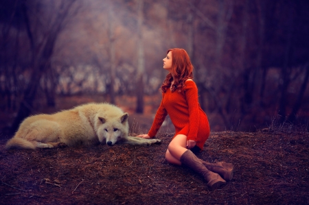 Friends - forest, animal, woman, dog