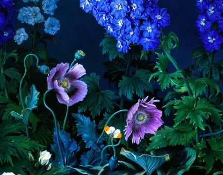 Garden Flowers - blossoms, painting, artwork, plants, petals, delphinium, anemone, leaves