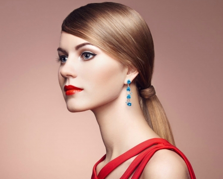 Beauty - blue, earring, girl, beauty, jewel, red, woman, model, face, oleg gekman