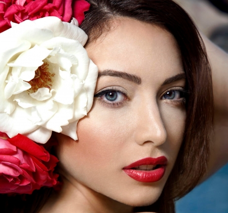 Beauty - face, red, flower, rose, model, girl, white, lips, woman