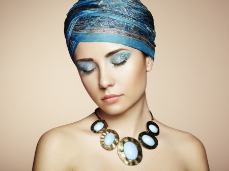 Beauty - scarf, blue, woman, model, girl, beauty, face, jewel