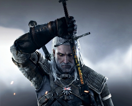 Geralt - game, luminos, man, sword, fantasy, black, geralt, the witcher