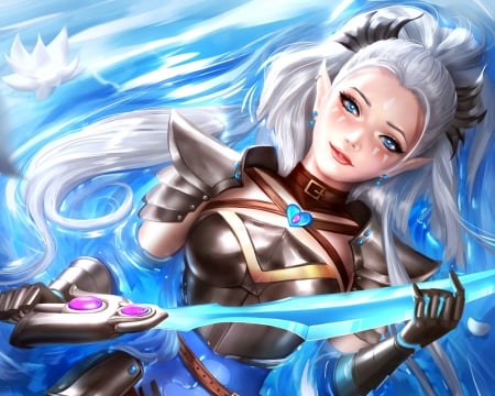 Adalia - madeleineink, game, blue, girl, sword, fantasy, white, adalia, luminos