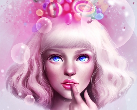 One thing on her mind - fantasy, blue, girl, sandramalie, face, pink, sweet, luminos