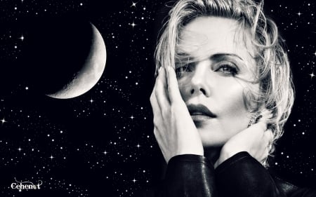 Charlize Theron - face, black, actress, blonde, bw, stars, girl, luna, white, moon, charlize theron, woman