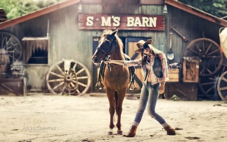 Do We Look Good Together.. - women, fun, female, boots, hats, fashion, models, brunettes, western, girls, cowgirl, style, outdoors, horses, barn, ranch