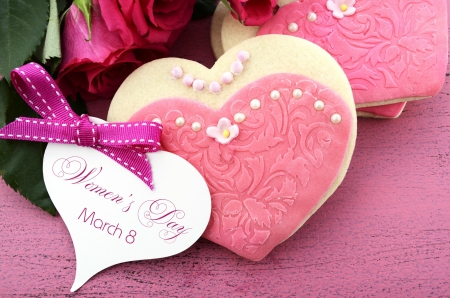 Happy Women's Day - roses, still life, cookies, womens day, 8th, hearts, march, bow, march 8, 8