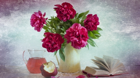 Still Life - flowers, apple, book, still life