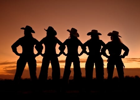 Western Spirit - chaps, silhouettes, sky, clouds, cowgirls, mountains, hats, sunset