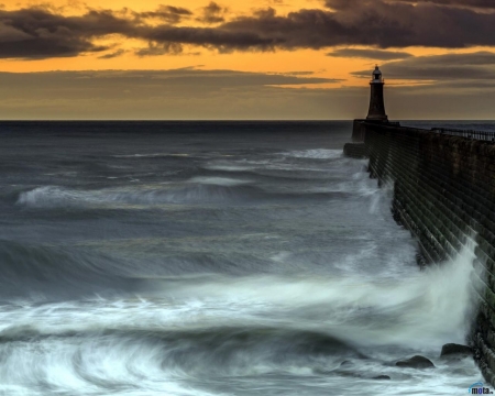 Lighthouse and Evening Waves - nature, lighthouse, clouds, water, sunset, sea, waves