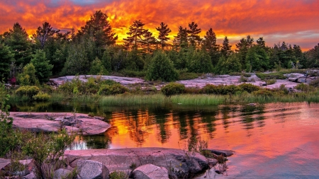 Lake Sunset - stone, nature, trees, red, clouds, sunset