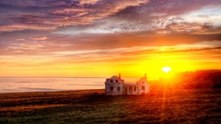 Ending Of A Beautiful Day... - sky, meadow, houses, clouds, sunset, sea, nature