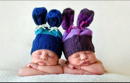 Cute bunnies - couple, hat, easter, copil, child, bunny, ears, purple, sleep, baby, children, blue, sweet, cute