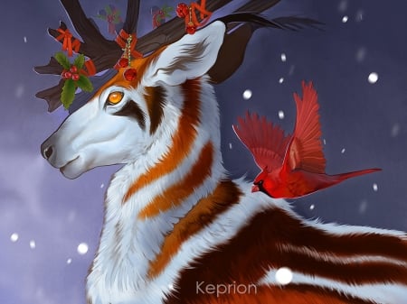 Christmas deer - bird, keprion, horns, christmas, fantasy, animal, craciun, red, deer, luminos