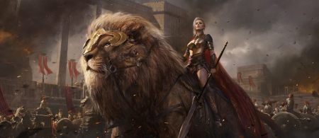 Beauty and the Beast - game, shou shi, girl, armor, fantasy, beauty and the beast, lion, art, luminos