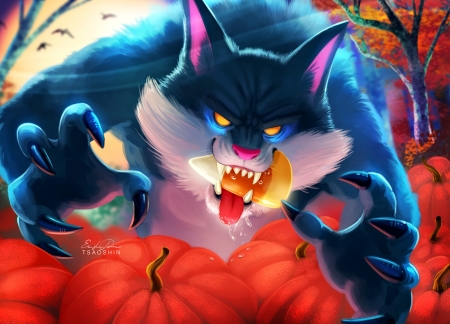 Happy Howl-O-Ween! - fantasy, blue, wolf, halloween, tsaoshin, orange, pumpkin, luminos