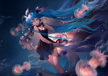 Deep Sea - pretty, singing, miku hatsune, twin tail, female, melody, headphones, sing, deep sea, nice, gown, hot, beauty, jellyfish, bubbles, cute, sexy, vocaloid, anime, kawaii, twintail, dress, hatsune miku, long hair, jelly fish, twin tails, anime girl, water, twintails, beautiful, girl, lovely, sweet, miku, underwater, aqua hair, adorable, hatsune, vocaloids