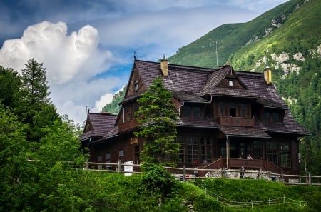 Morski Oko Chalet, Tatras, Poland - sky, mountains, clouds, house, nature