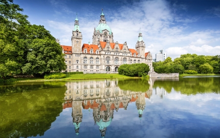 New City Hall, Hannover - reflections, clouds, trees, lake, sky, building