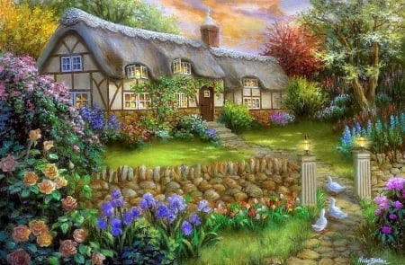 Cottage of Rapture - attractions in dreams, houses, summer, spring, cottages, nature, home, love four seasons, architecture, paintings, flowers, garden