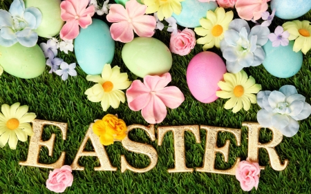 Easter - eggs, flowers, Spring, grass, Easter