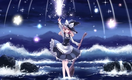 {Magic Stars} - witch, marisa kirisame, anime, water, touhou, lights, stars