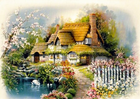 Spring Cottage - house, pond, artwork, fence, orpinas, flowers, swans, painting, garden