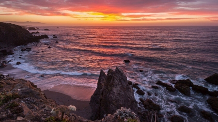 Sunset on the Seashore - nature, beach, clouds, cliff, shore, sunset, sand, sea