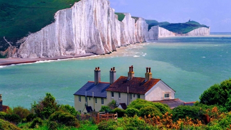 House on a Cliff - house, path, river, shore, nature, green, roofs, mountain