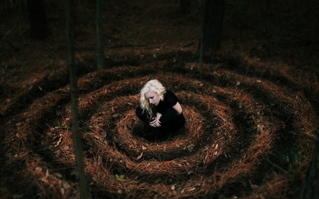 Encircled - gothic, dark, leaves, nature, woman, circles