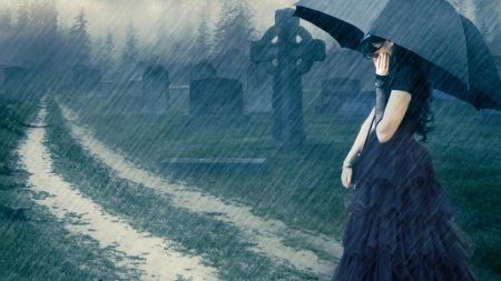 Peaceful Sadness - umbrella, graveyard, sad, rain, gothic, dark