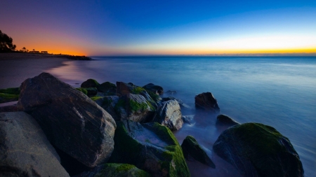 Mossy Rock On The Shore - calm, shore, sunset, nature, rock, moss, sea