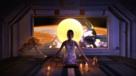 Fractured space - bonsai, fractured space, window, candles, yellow, girl, luna, fantasy, moon, planet, tree, luminos, xu ziyi