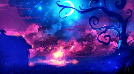 Glowing sky - moon, ryky, glowing sky, fantasy, pink, blue, luminos, anime, tree, luna, manga