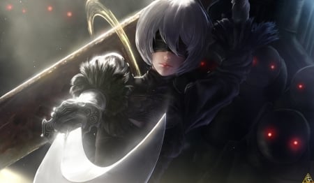 Nier Automata - black, blind, nier automata, anime, girl, rimu niku, manga, white, fantasy, assassin