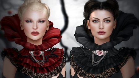 Beauties - girl, blonde, beauty, frumusete, black, fantasy, red, magissadenver, rendering, couple, CG, brunette, luminos