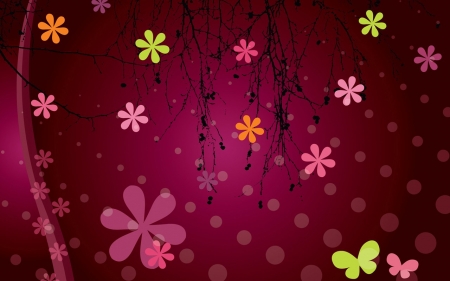 Flowers and butterflies - green, butterfly, spring, vector, orange, texture, flower, pink