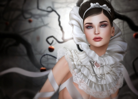 Beauty - girl, beauty, black, fantasy, white, red, woman, magissadenver, rendering, fruit, apple, CG, luminos