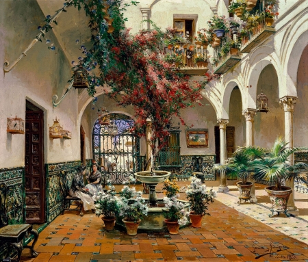 Inside Courthouse, Seville, Spain - flowers, arches, plants, hall, furniture, pilars, building