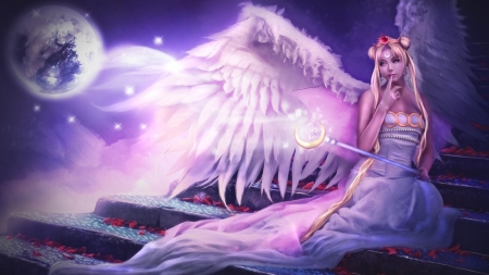 Angel Sitting on Stairs - wings, fantasy, stairs, angel