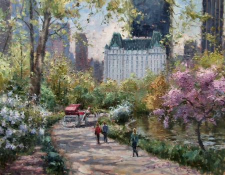 Plaza in Spring - new york, wide screen, plaza hotel, paprocki, cityscape, spring, painting, art, new york city, beautiful, artwork, scenery, architecture, usa