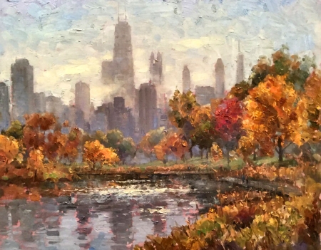 Autumn Clearing Fog FC - scenery, artwork, beautiful, USA, landscape, architecture, Illinois, wide screen, Paprocki, painting, art, Chicago