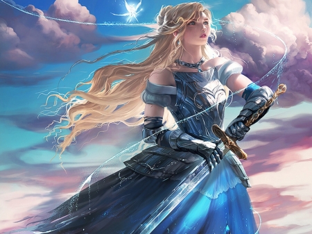 Cinderella Knight - pretty, divine, female, maiden, dress, blonde, blond hair, adore, gorgeous, blond, hd, nice, sky, gown, realistic, beautiful, girl, sword, beauty, lovely, sweet, knight, cg, fantasy, fairy, cloud, cute, adorable